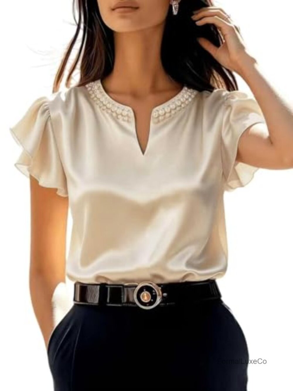 Crepe-Back Satin Blouse Pearl Beaded V-Neck Ruffle Flutter Sleeve Office Top